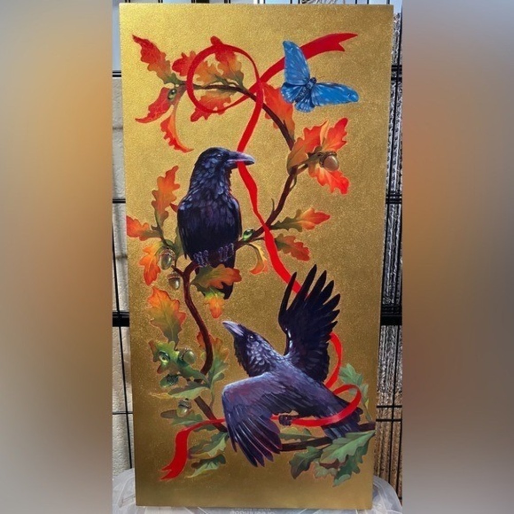 ORIGINAL Ravens crow painting Butterfly art Oak Leaves Gold accent nature